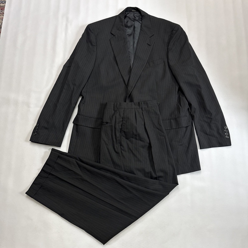 Hart Schaffner Marx Suit Mens 46L Black Pinstripe 2 Button Wool Pants 41x29 Flat